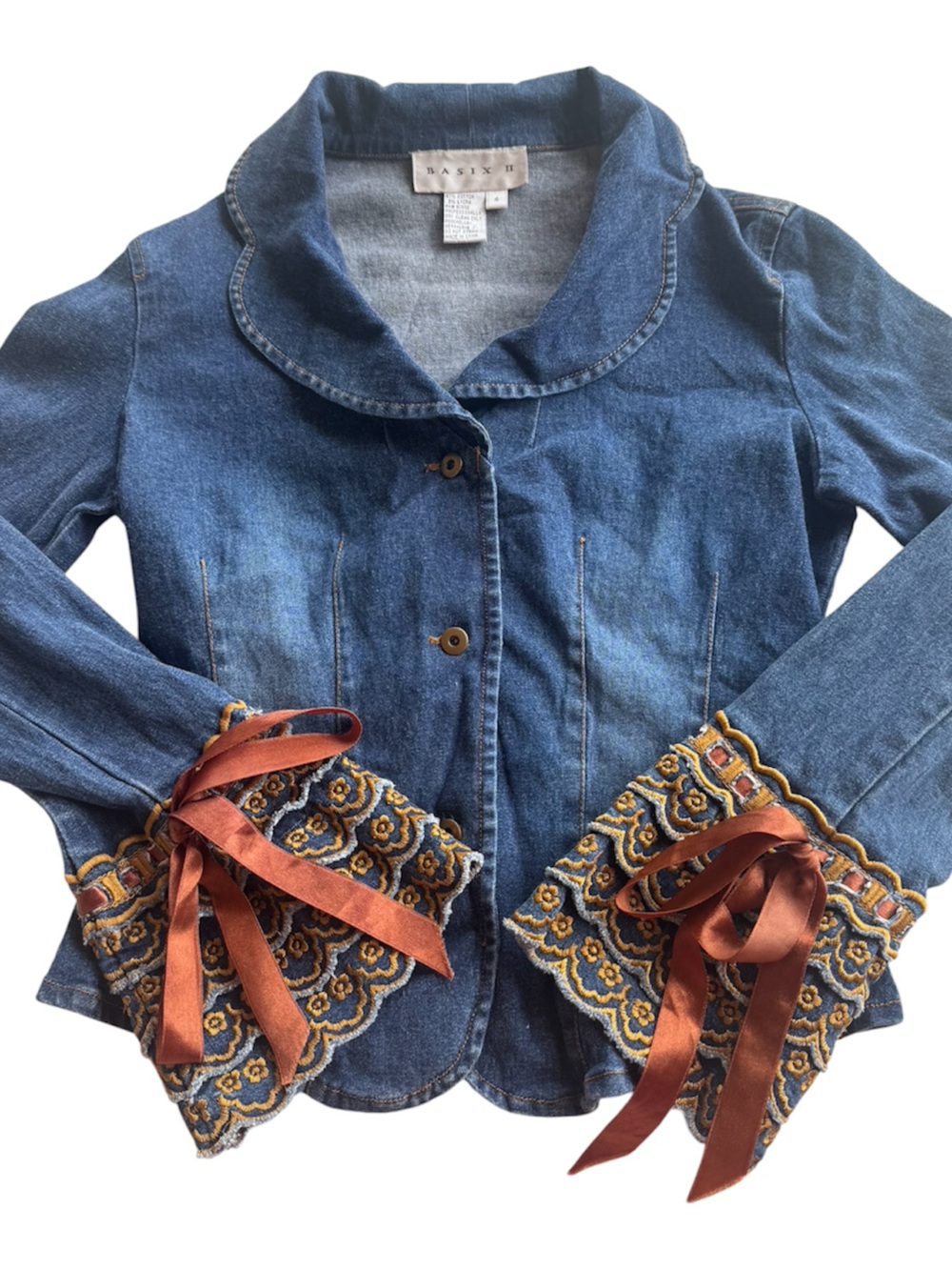 Basix II Denim Jacket Womens 4 Embroidered Lace Cuff Boho Western